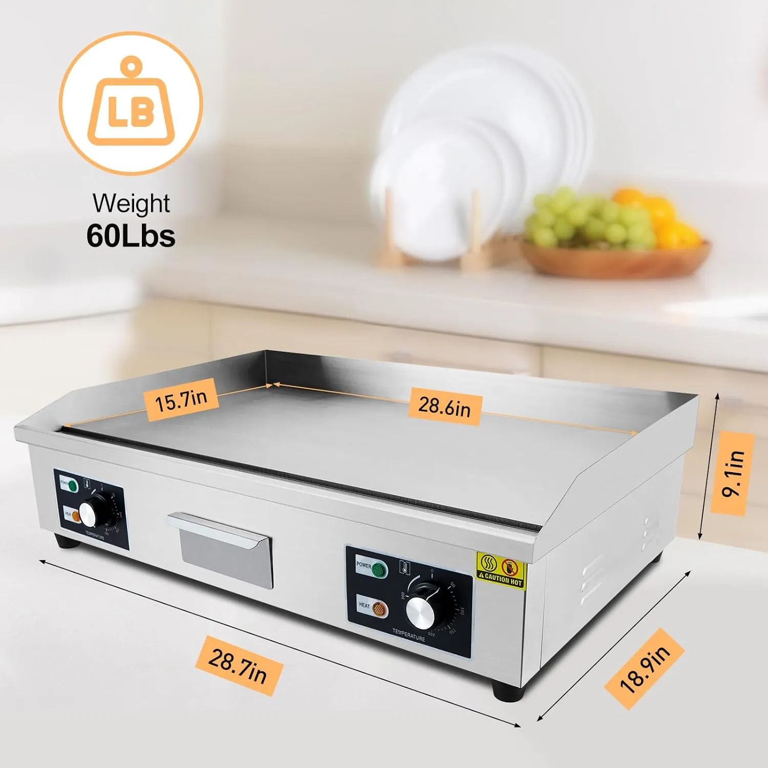 29 Inch Commercial Electric Griddle, Flat Top Grill Countertop Griddle, Non-Stick Stainless Steel Teppanyaki Grill, 3000W 110V, for Restaurant Kitchen Outdoor Bbq