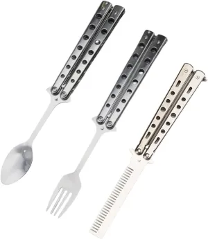 2PCS Butterfly Fork Spoon Set Folding Stainless Steel Butterfly Fork Spoon Camping Cutlery Set for Camping Travel Outdoor BBQ(Spoon fork Comb)