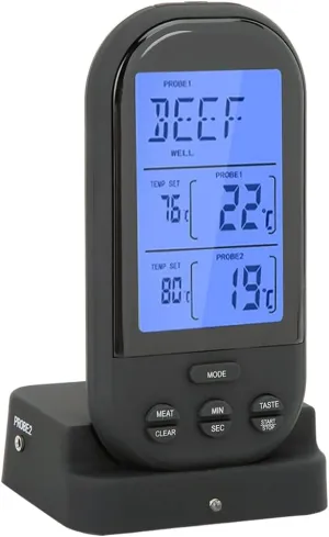 2Probes Thermometer, Digital Display Wire-Free Remote Cooking Food Alarm Timer Real Meat for Smoker Oven Grill BBQ Wireless Thermometer Instant (All Black with Blue Backlight)