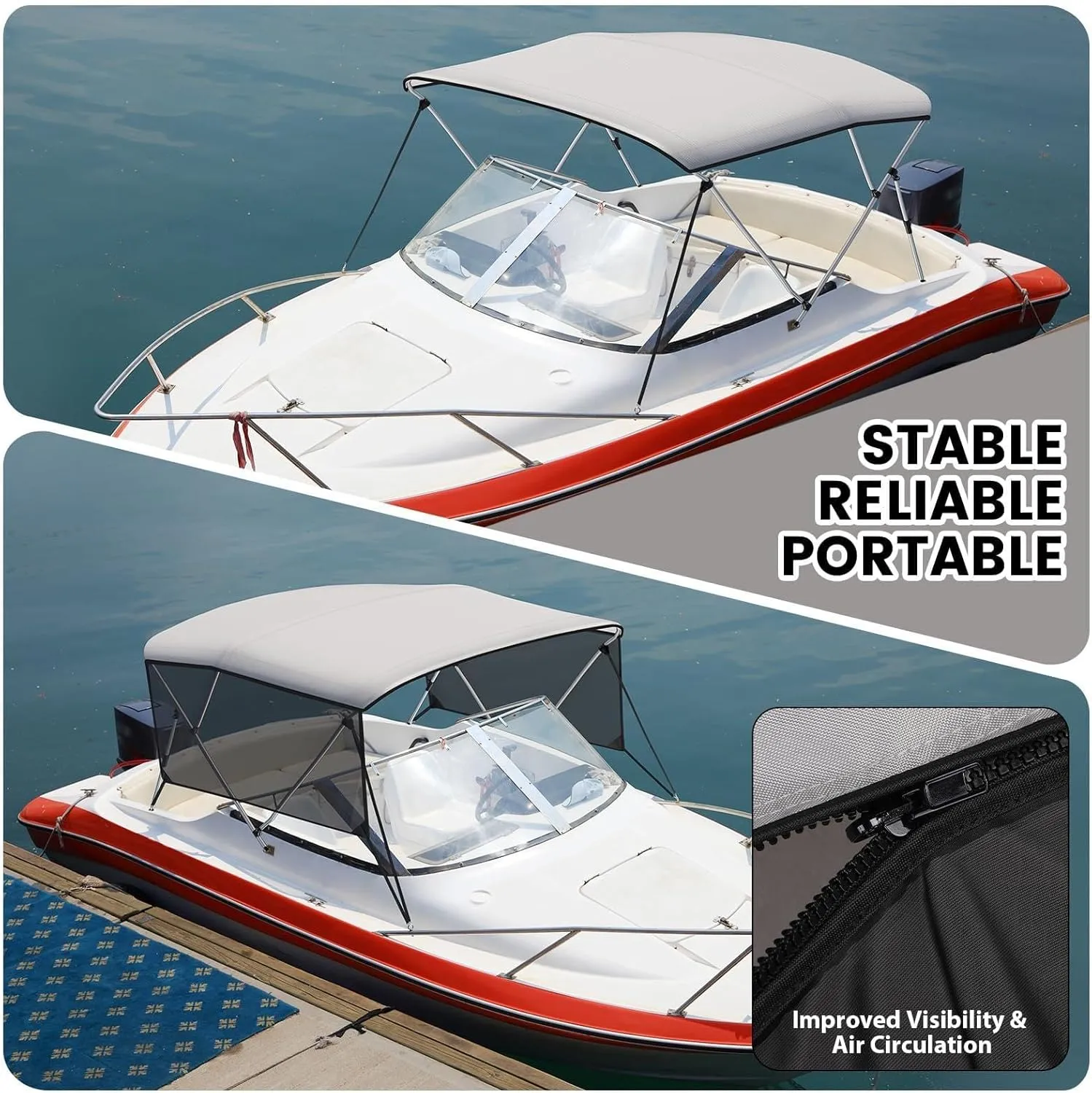 3 Bow Bimini Top for Boats, Heavy Duty Canvas Sun Shade, Aluminum Frame with Mesh Sidewalls & Storage Boot, Waterproof UV Protection, 5 Sizes, Quick-Install Design
