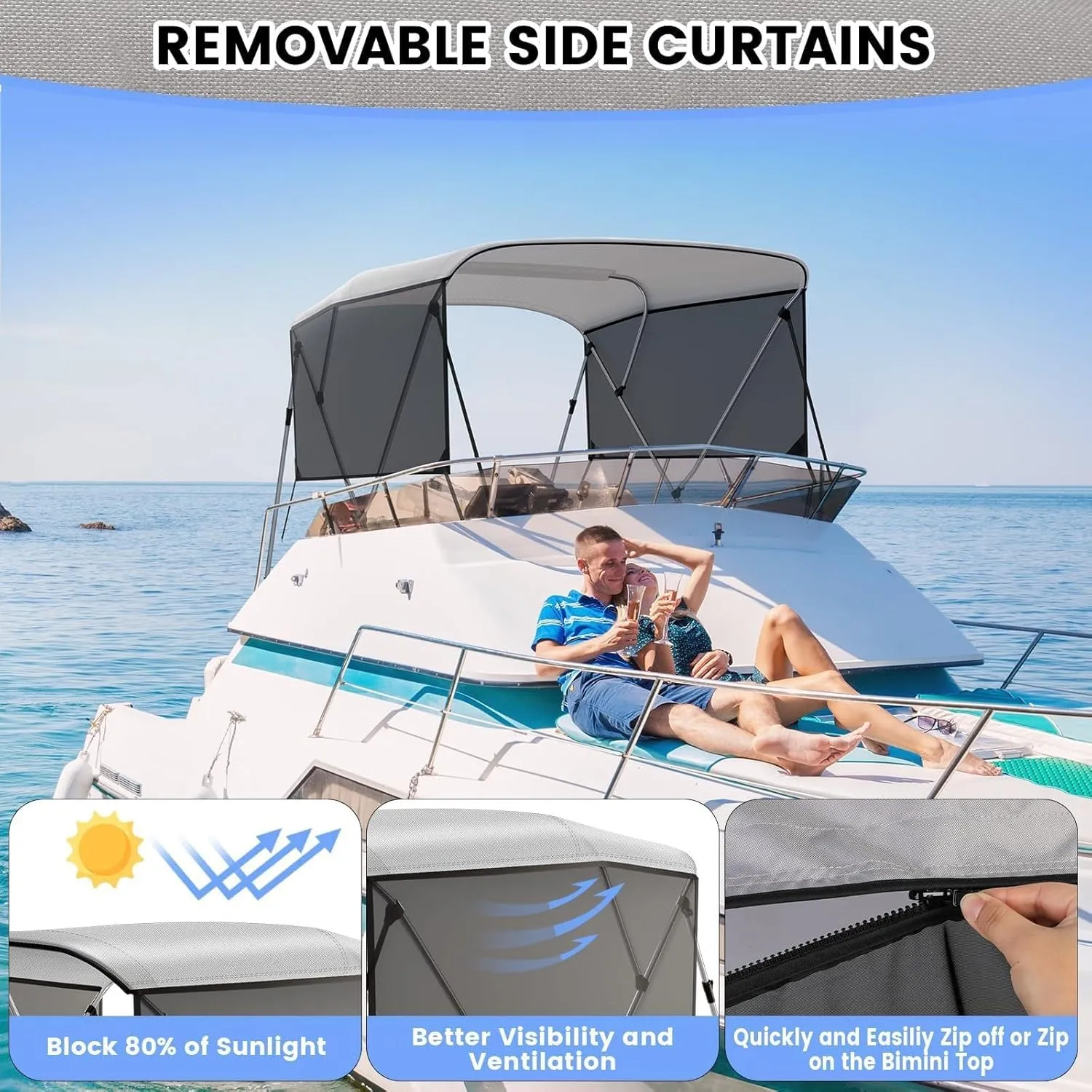 3 Bow Bimini Top for Boats, Heavy Duty Canvas Sun Shade, Aluminum Frame with Mesh Sidewalls & Storage Boot, Waterproof UV Protection, 5 Sizes, Quick-Install Design