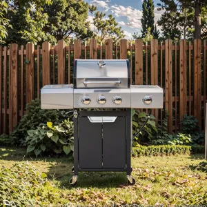 3 Burner BBQ Propane Gas Grill, Stainless Steel Barbecue Grill with Two Foldable Shelves Kitchen, Garden and Patio Backyard Barbecue Small Grill Ideal for Outdoor Cooking