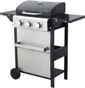 3 Burner Gas Grill with Lid, BBQ Grill With Griddle Combo, Outdoor Barbecue Grills with Wheels, Propane Grills with Foldable Side Table, Cooking Grids, Stainless Steel, 25650BTU