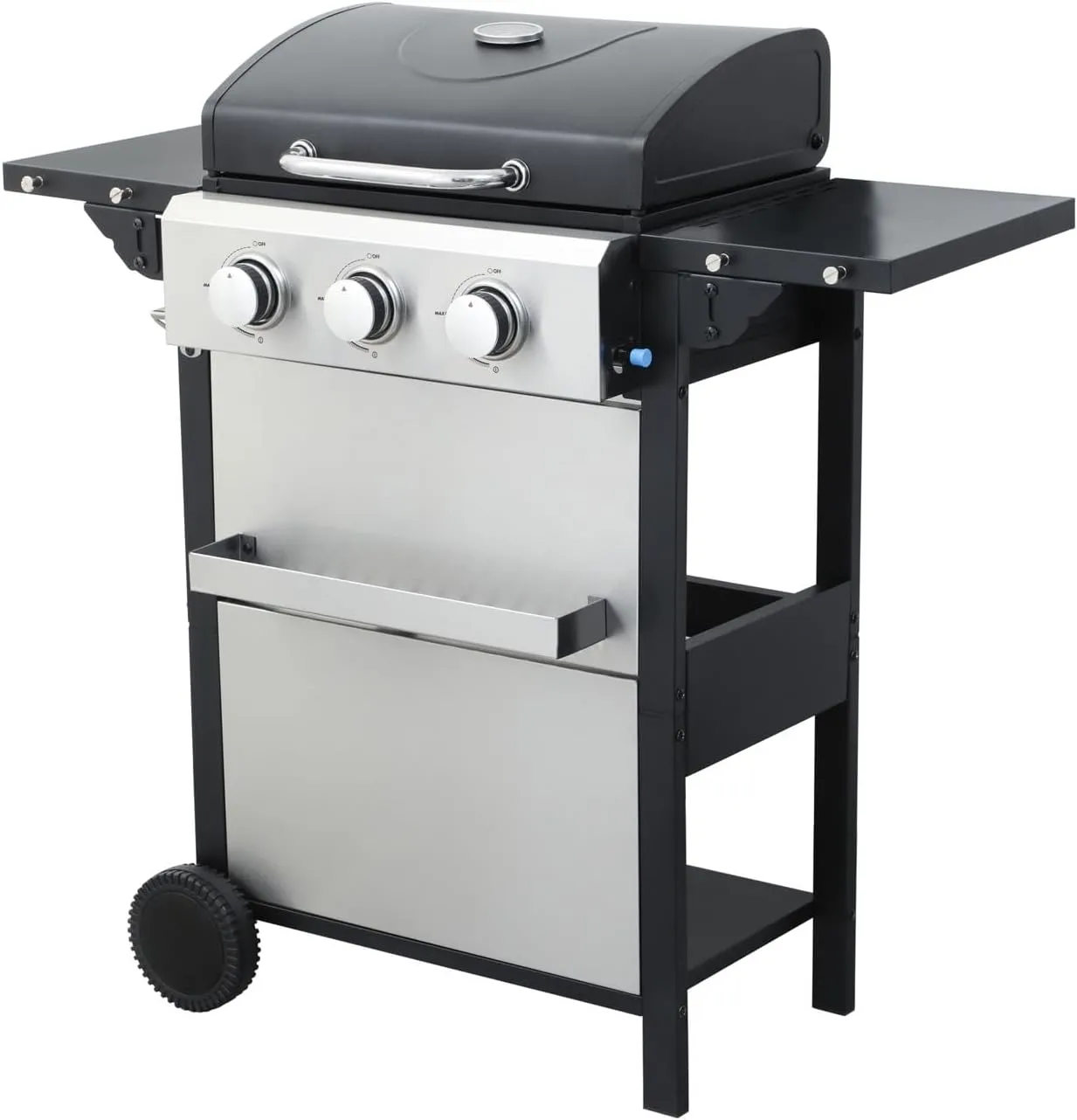 3 Burner Gas Grill with Lid, BBQ Grill With Griddle Combo, Outdoor Barbecue Grills with Wheels, Propane Grills with Foldable Side Table, Cooking Grids, Stainless Steel, 25650BTU