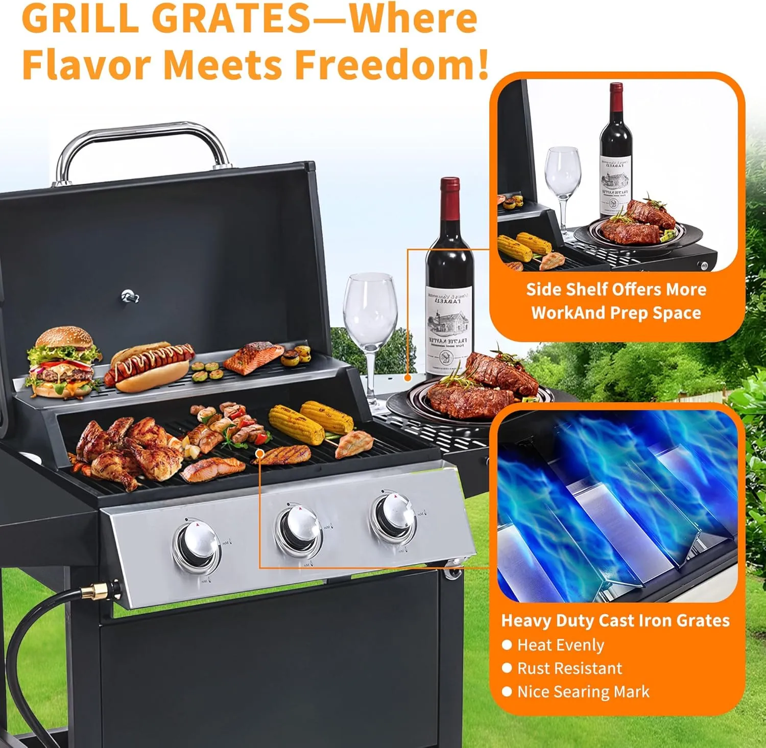 3-Burner Propane Gas BBQ Grill with Warming Rack, Stainless Steel Gas Grill with 25,650 BTUs Output for Outdoor,Camping,Barbecue Grilling & Backyard Cooking,Black and Silver