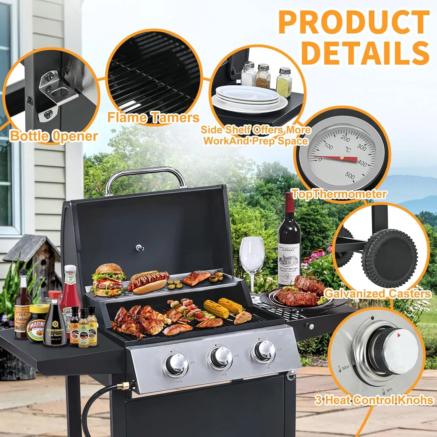 3-Burner Propane Gas BBQ Grill with Warming Rack, Stainless Steel Gas Grill with 25,650 BTUs Output for Outdoor,Camping,Barbecue Grilling & Backyard Cooking,Black and Silver