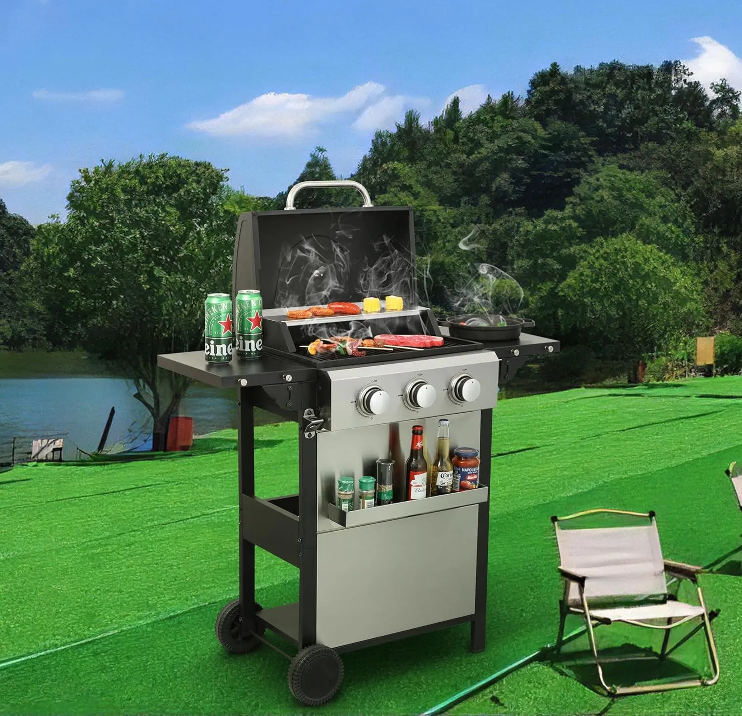 3-Burner Propane Gas Grill, 25650 BTU Output Stainless Steel Grill with Foldable Side Table, Hanging Basket, Cabinet Style Barbecue Grill for Camping, Outdoor Cooking, Patio, Garden BBQ