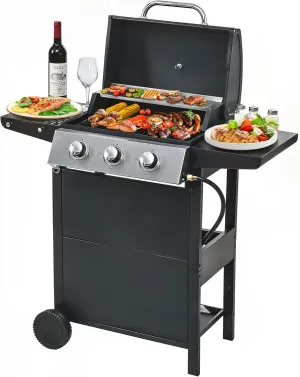 3 Burner Propane Gas Grill, Stainless Steel BBQ Grill 30,000 BTU for Outdoor Cooking Kitchen, Garden and Patio Backyard Barbecue, Black and Silver