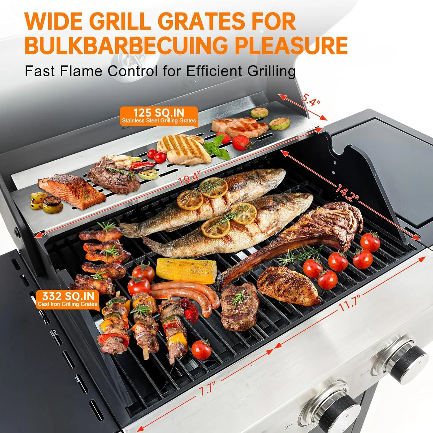 3 Burner Propane Gas Grill with Side Burner, Stainless Steel BBQ Grill 38,500 BTU for Outdoor Cooking Kitchen, Garden and Patio Backyard Barbecue, Black and Silver