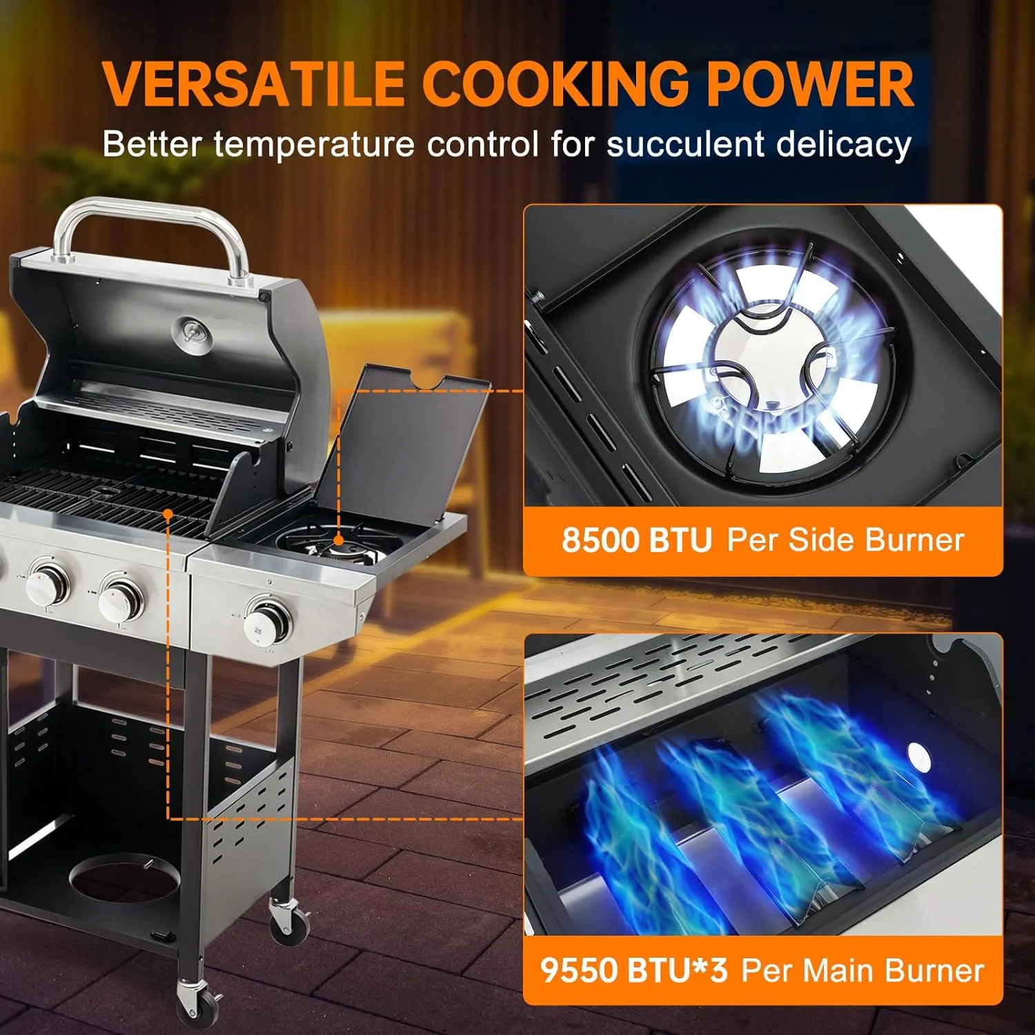 3 Burner Propane Gas Grill with Side Burner, Stainless Steel BBQ Grill 38,500 BTU for Outdoor Cooking Kitchen, Garden and Patio Backyard Barbecue, Black and Silver