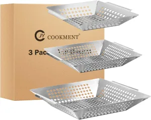 3 Pack Grill Baskets- Stainless Steel Grilling Basket for Indoor and Outdoor Use, Heavy Duty Vegetables Grill Basket for Veggies and Kabob, Suitable for All Grills, Dishwasher Safe by JY COOKMENT