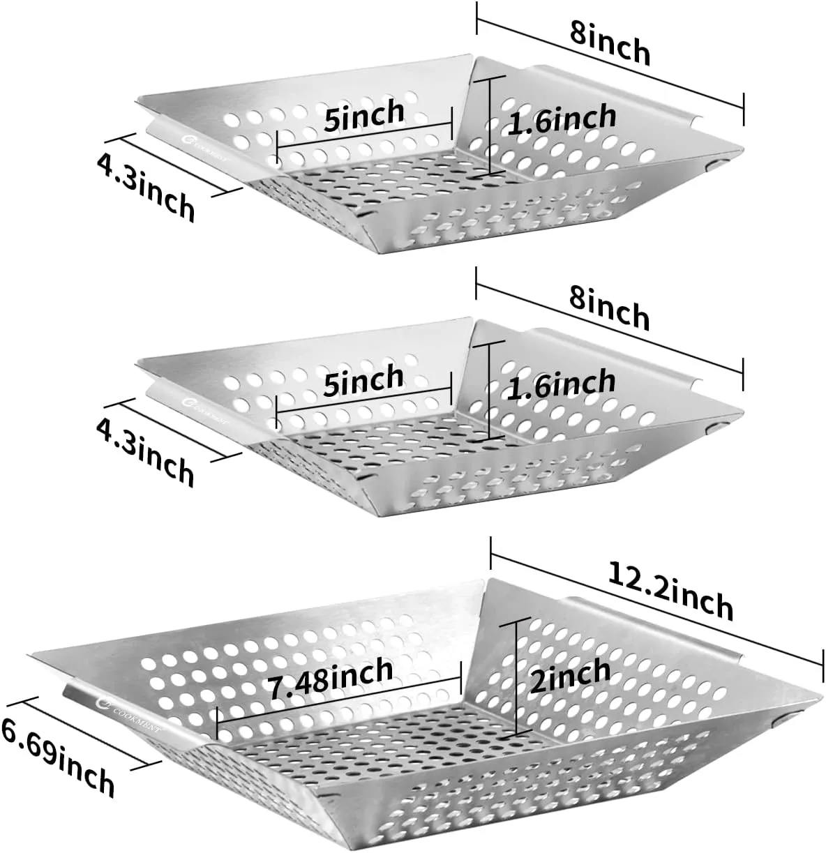 3 Pack Grill Baskets- Stainless Steel Grilling Basket for Indoor and Outdoor Use, Heavy Duty Vegetables Grill Basket for Veggies and Kabob, Suitable for All Grills, Dishwasher Safe by JY COOKMENT