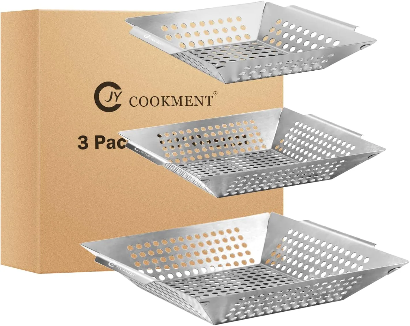 3 Pack Grill Baskets- Stainless Steel Grilling Basket for Indoor and Outdoor Use, Heavy Duty Vegetables Grill Basket for Veggies and Kabob, Suitable for All Grills, Dishwasher Safe by JY COOKMENT