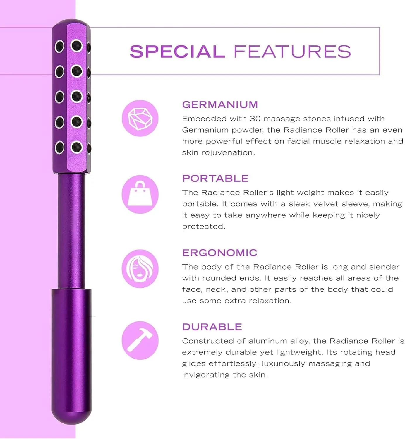 30 Grains Germanium Elarique Beauty Roller for Up Lifting and Skin Care, Arrily Face Roller, Facelift Pro Beauty Roller, Cooling & Sculpting, Portable with Ergonomic Handle (Purple)