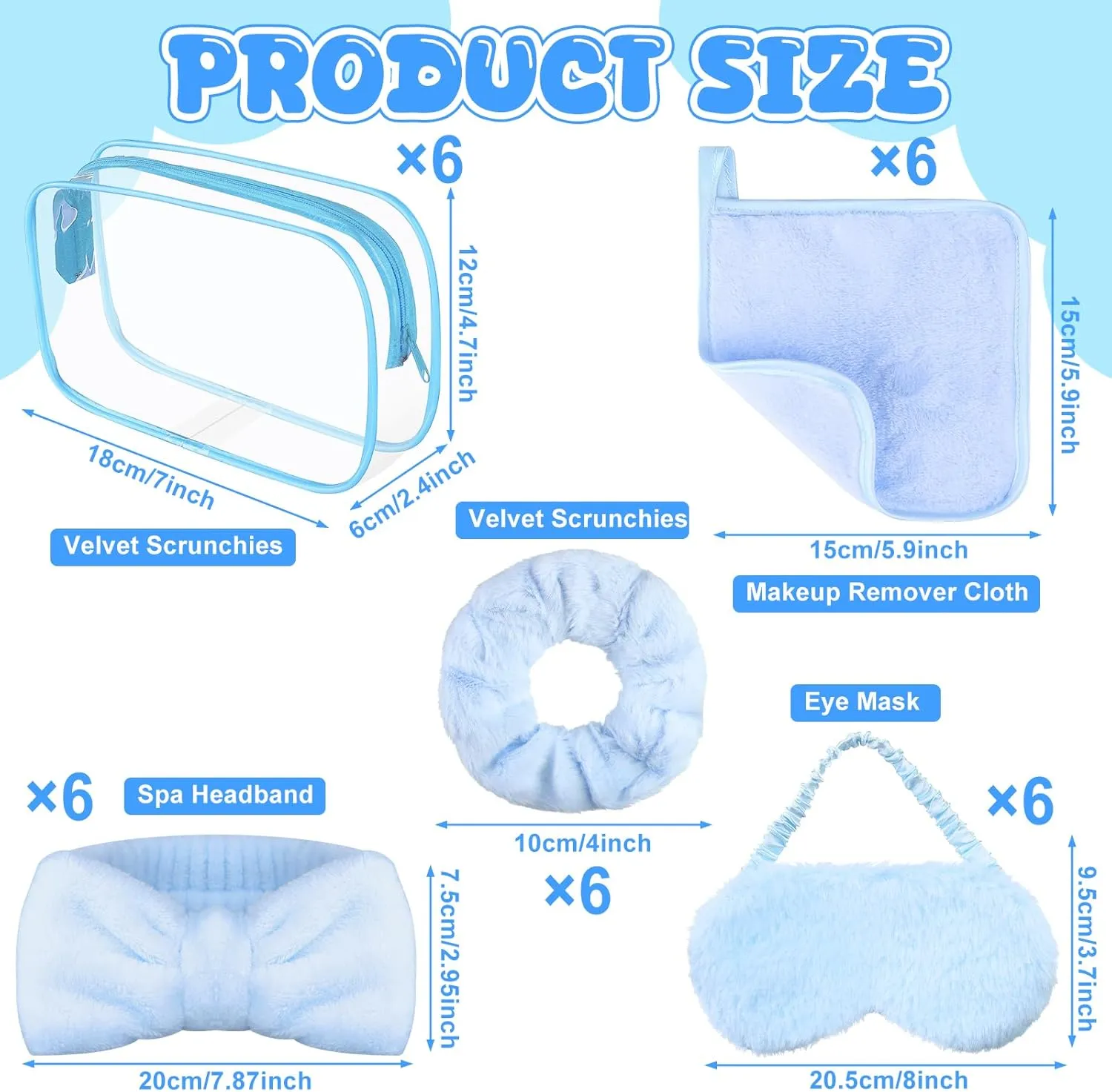 30 Pcs Spa Sleepover Party Supplies 6 Bow Makeup Headband 6 Plush Sleep Eye Mask 6 Velvet Scrunchies 6 Makeup Remover Cloth 6 Clear Cosmetic Bags for Women Slumber Party Favors (Blue)