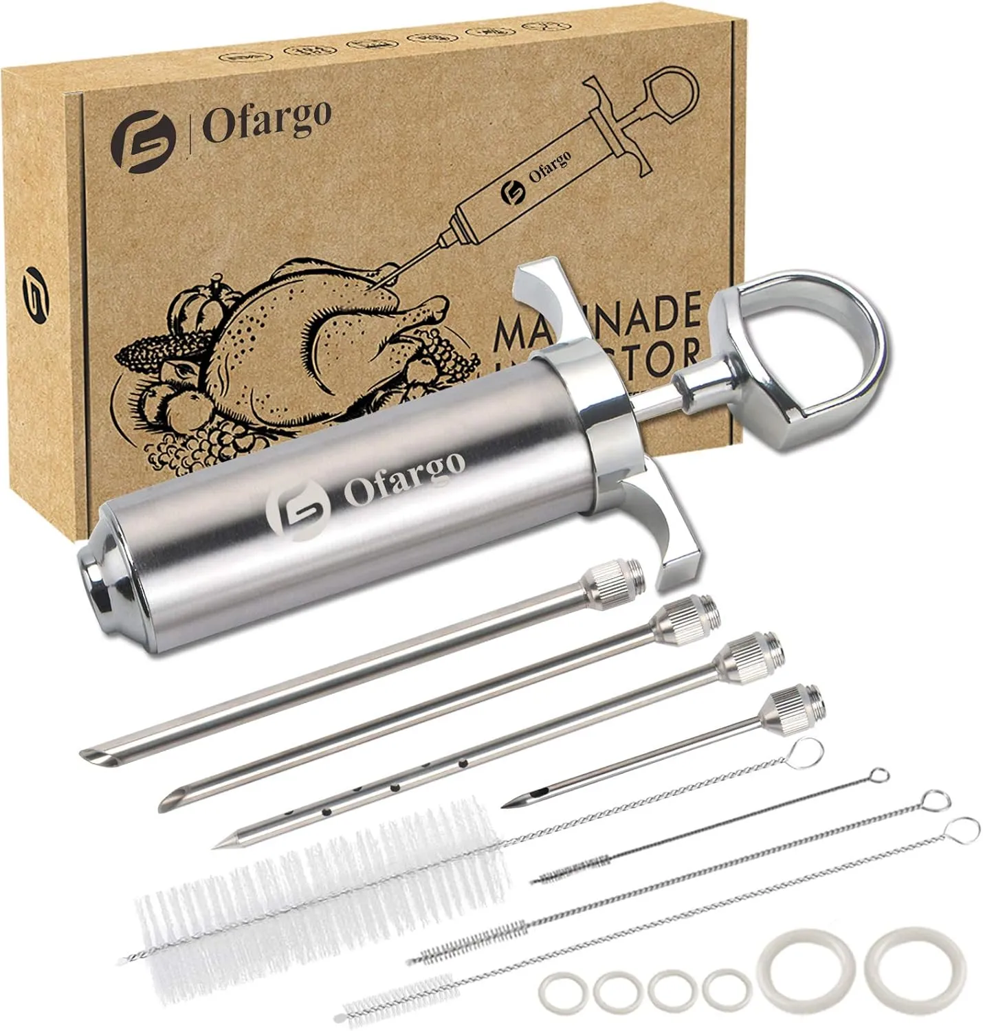 304-Stainless Steel Meat Injector Syringe Kit with 4 Marinade Needles for BBQ Grill Smoker, 2-oz Large Capacity, Both Paper User Manual and E-Book Recipe