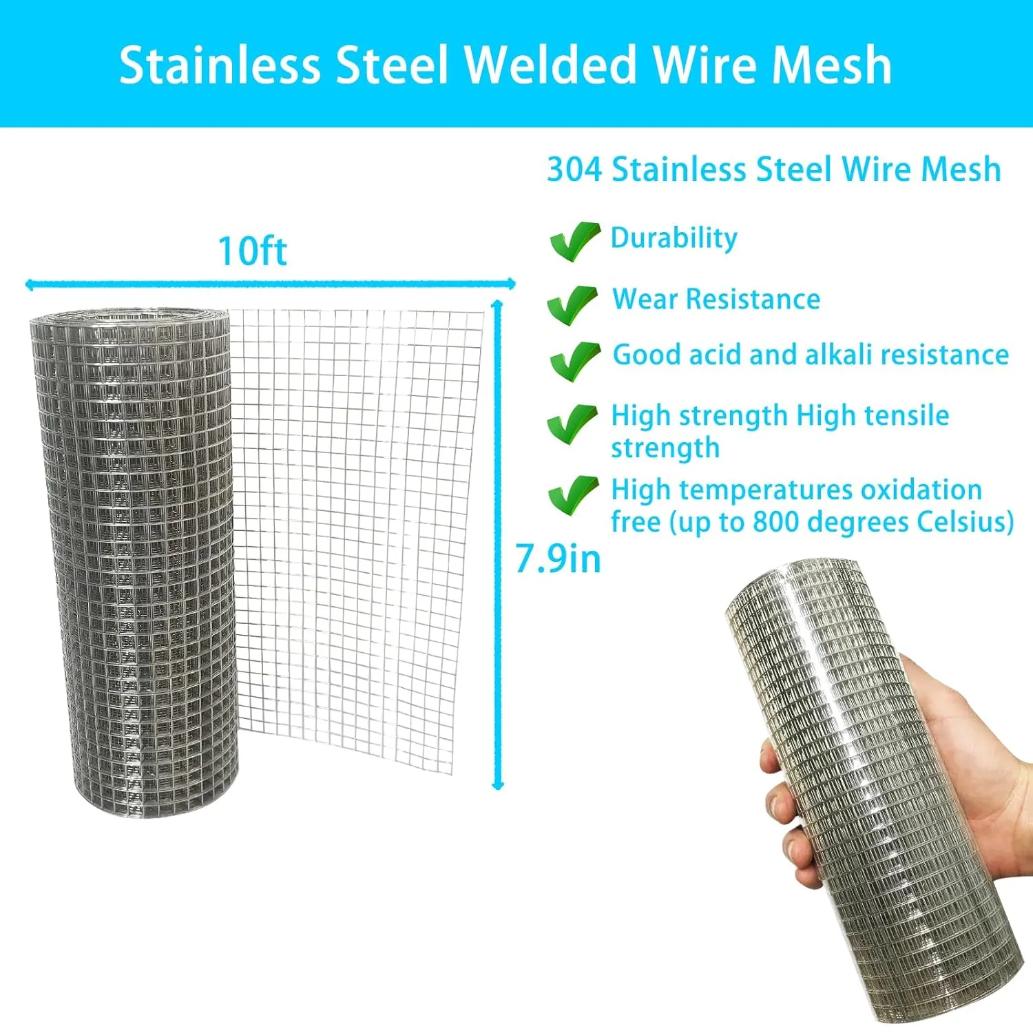 304 Sturdy Stainless Steel Mesh 7.9in X 10ft, 1/4 inch Mesh Wire Mesh Roll, 23 Gauge Hardware Cloth Never Rust, Hard&Heat Resisting, Easy to Cut, for DIY Projects, Vent Mesh, Chicken Coop, Tree Guard