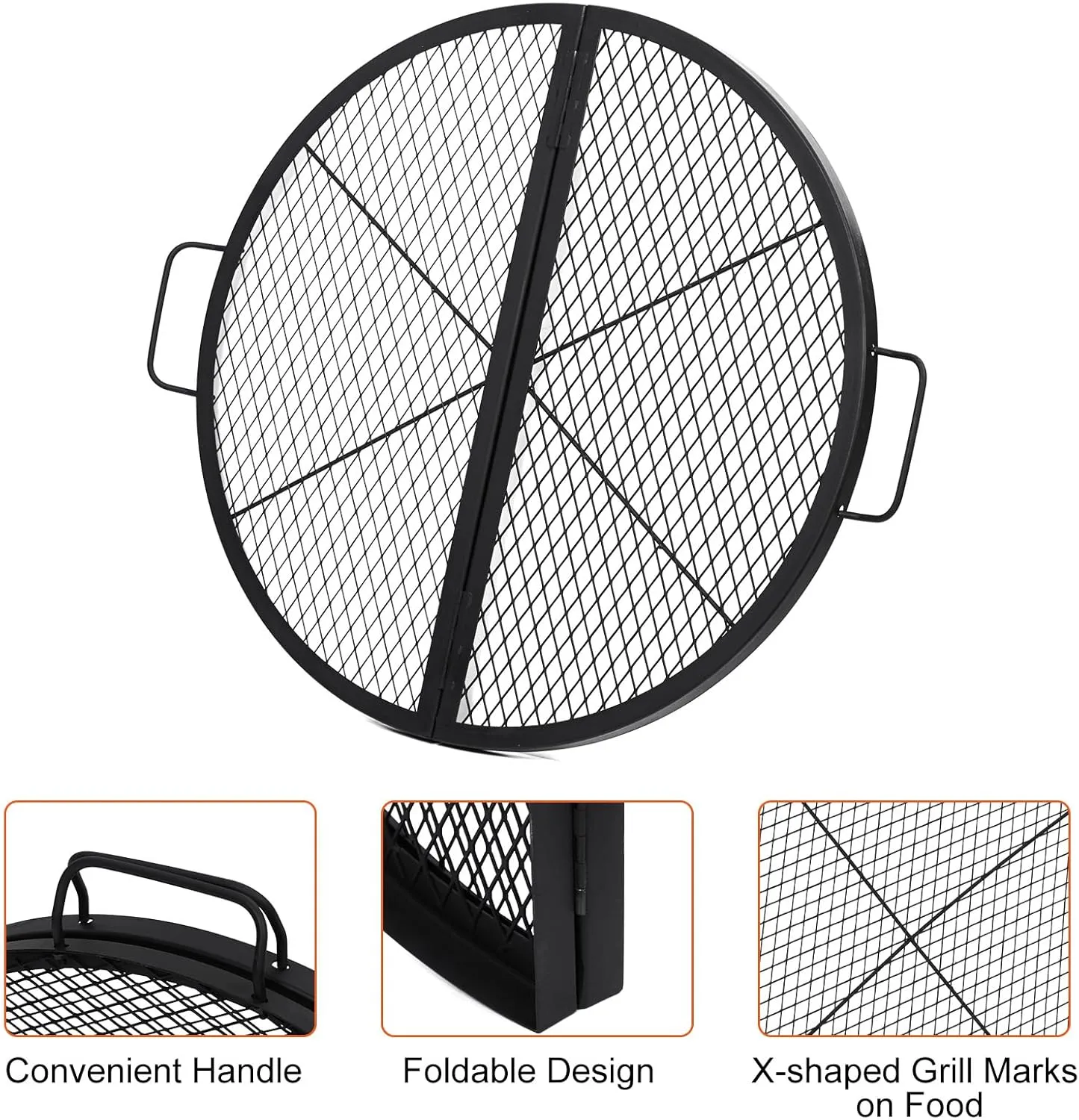 30.5in Foldable Fire Pit Cooking Grill Grate, X-Marks Fire Pit Grill Cooking Grate, Outdoor Campfire BBQ Grill, Heavy Duty Steel Campfire BBQ Grill Grid, Portable Camping Cookware with Handle