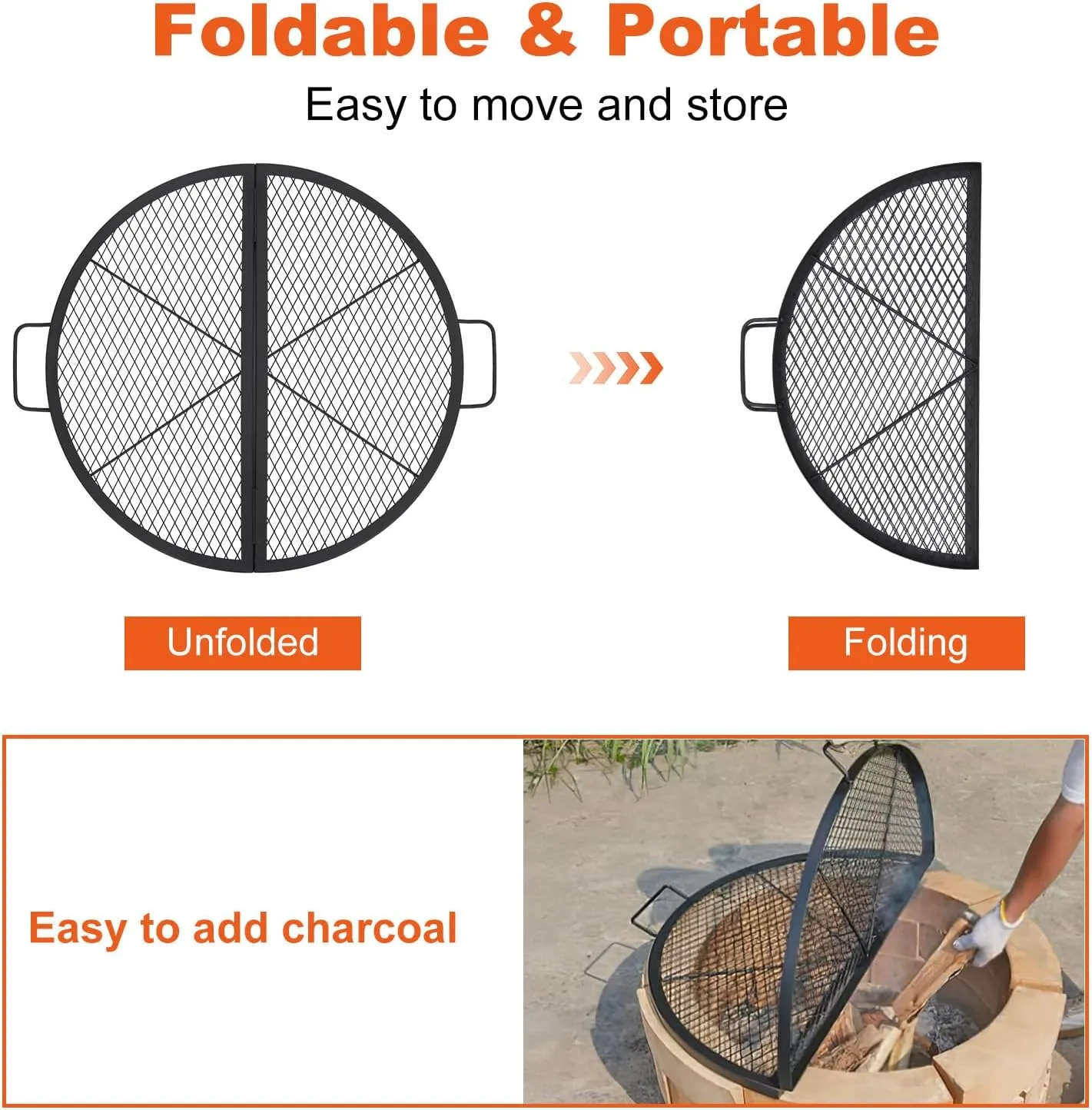 30.5in Foldable Fire Pit Cooking Grill Grate, X-Marks Fire Pit Grill Cooking Grate, Outdoor Campfire BBQ Grill, Heavy Duty Steel Campfire BBQ Grill Grid, Portable Camping Cookware with Handle