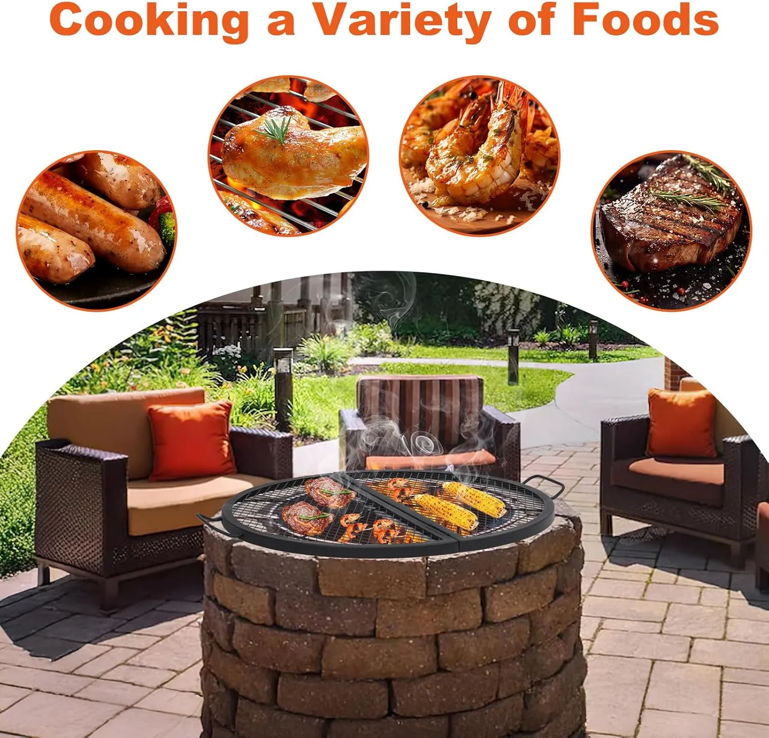 30.5in Foldable Fire Pit Cooking Grill Grate, X-Marks Fire Pit Grill Cooking Grate, Outdoor Campfire BBQ Grill, Heavy Duty Steel Campfire BBQ Grill Grid, Portable Camping Cookware with Handle