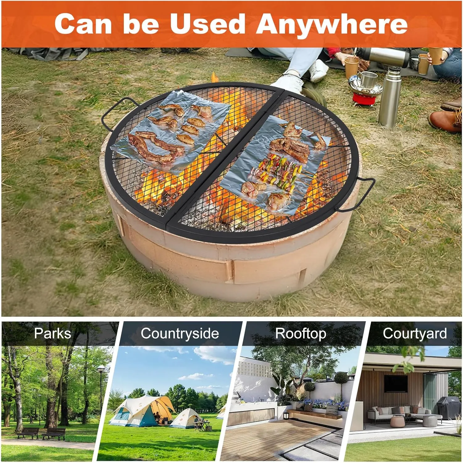 30.5in Foldable Fire Pit Cooking Grill Grate, X-Marks Fire Pit Grill Cooking Grate, Outdoor Campfire BBQ Grill, Heavy Duty Steel Campfire BBQ Grill Grid, Portable Camping Cookware with Handle