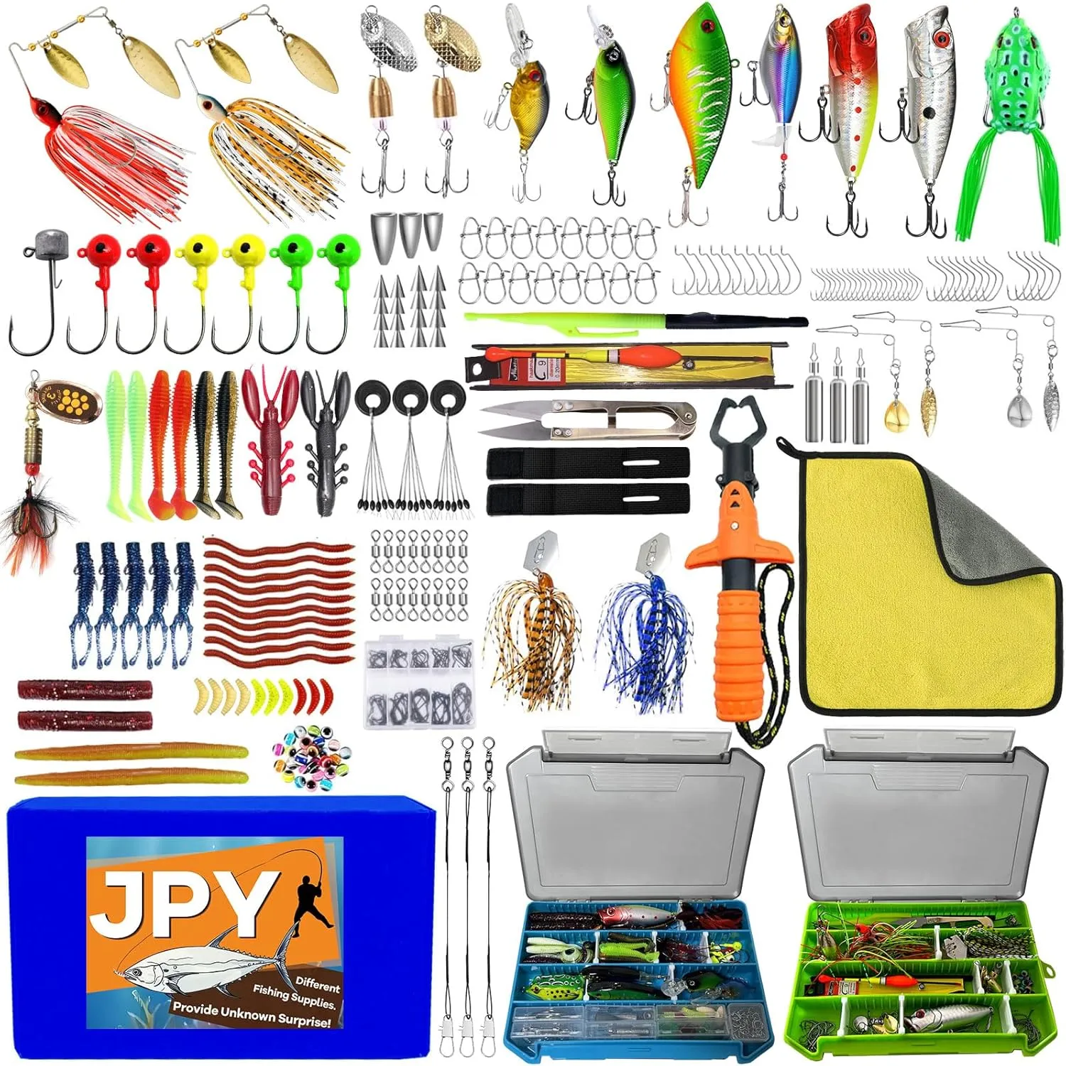 329PCS Fishing Lures Kit Bass Fishing Tackle Box with Tackle Included Fishing Gear Accessories Set with Soft Lure, Pliers, Hooks, Spoons, Jigs, Swivels, Frog, Weights Freshwater&Saltwater Gift Choice