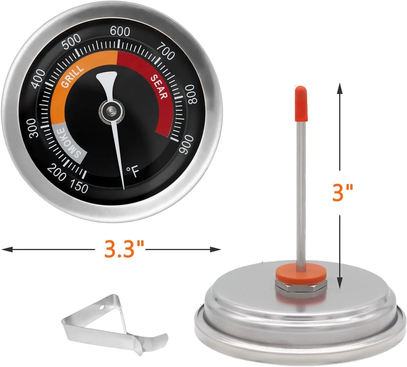 3.3" Grill Thermometer Replacement Part for Big Green Egg, Char Griller, BBQ Grill Thermometer for Smoker Outside Grill Temperature Gauge, 150-900°F