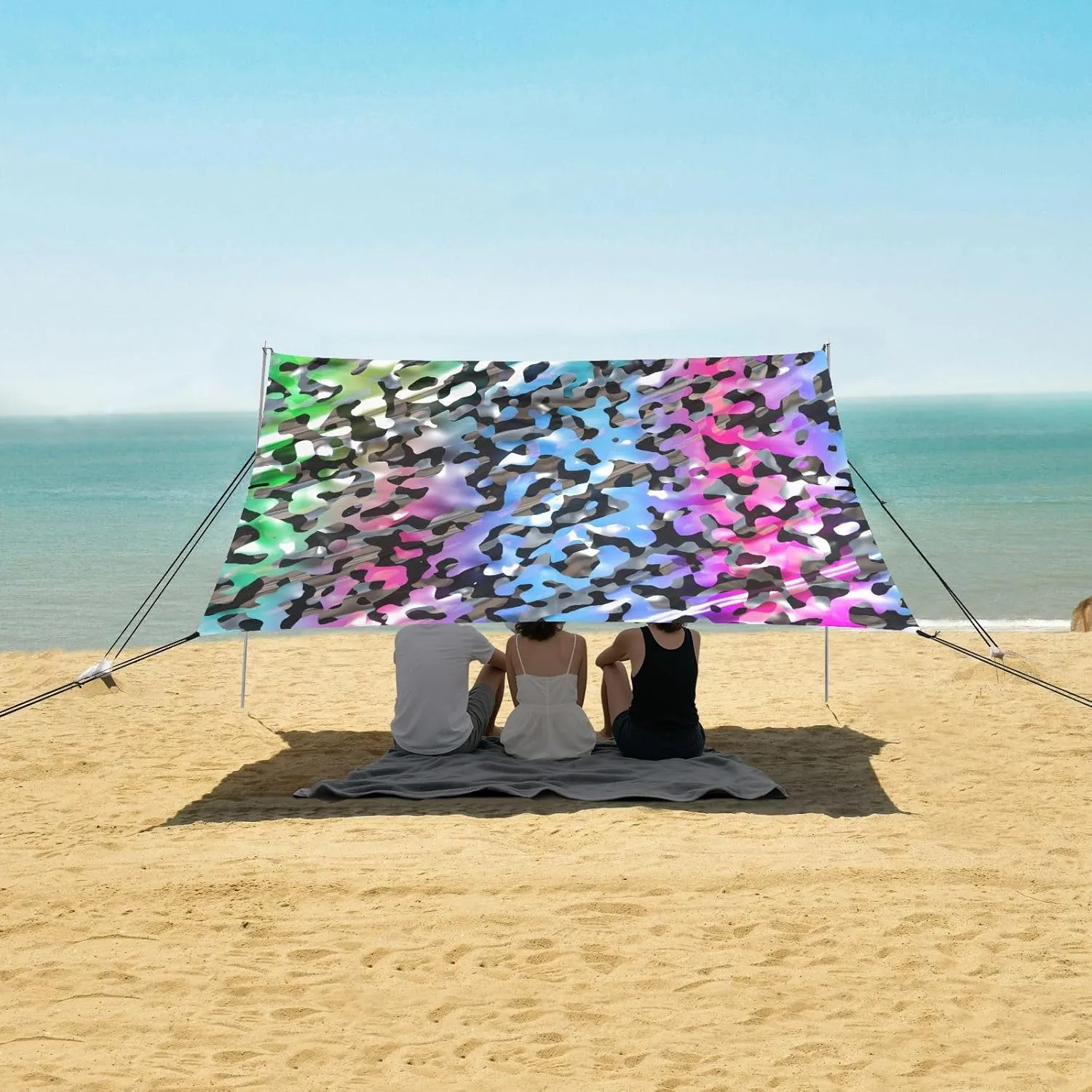 3D Colorful Camouflage Pattern Beach Canopy Tent Anti-UV & Wind Resistant, Camping Sun Shelter Easy Setup Portable,Outdoor Shade Tents with Sandbags,Sand Shovels,Ground Pegs & Stability Poles