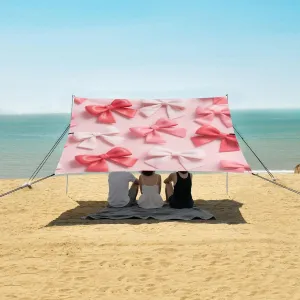 3D Pink Bows Beach Canopy Tent Anti-UV & Wind Resistant, Camping Sun Shelter Easy Setup Portable,Outdoor Shade Tents with Sandbags,Sand Shovels,Ground Pegs & Stability Poles