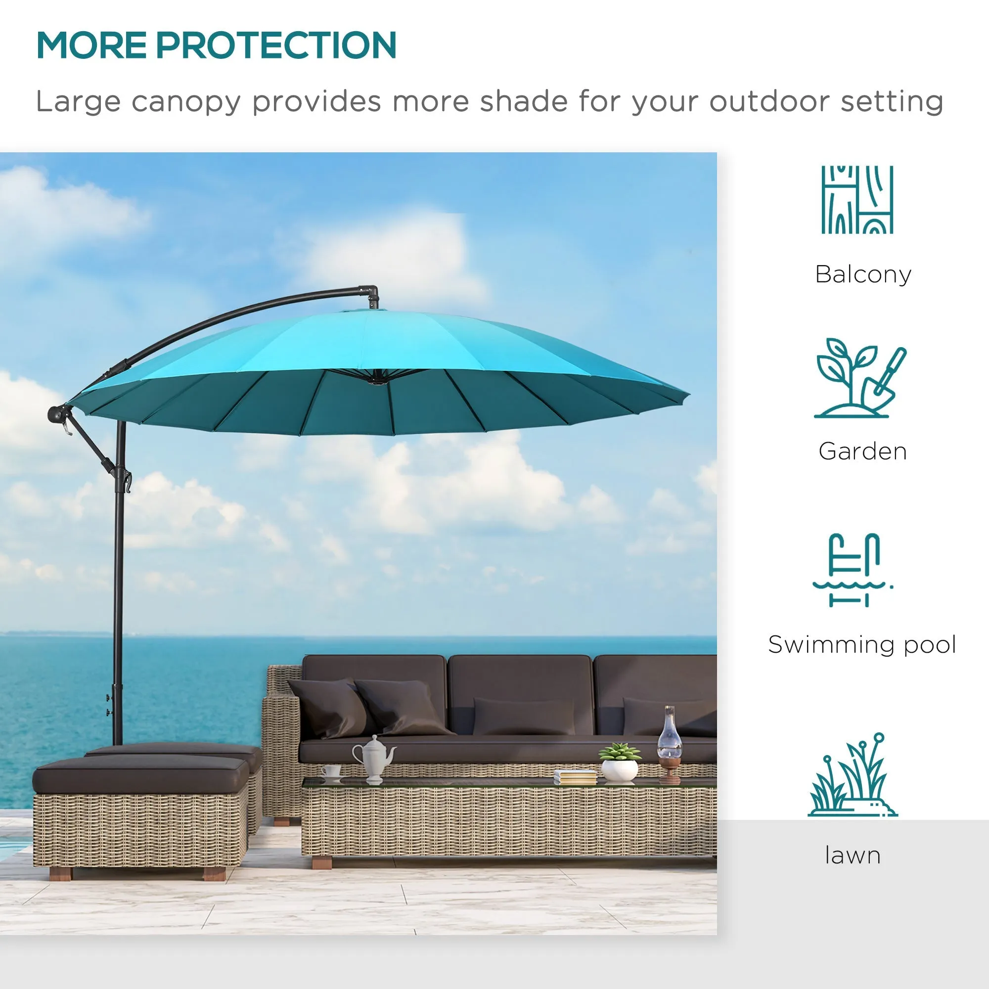 3M Cantilever Umbrella 18 Ribs & Vents Adjustable Angle for Patio Green