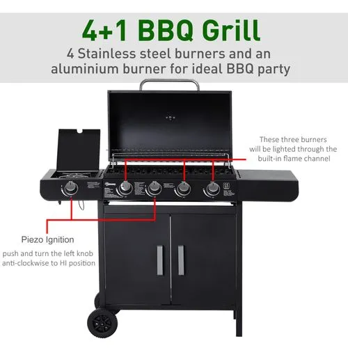 4 1 Gas BBQ Grill – Stainless Steel Burners with Side Burner & Storage for Outdoor Cooking