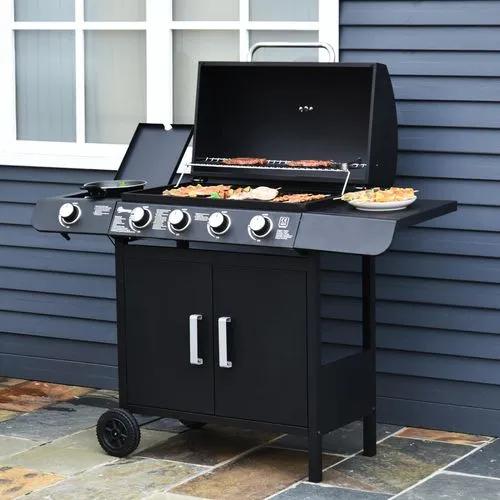 4 1 Gas BBQ Grill – Stainless Steel Burners with Side Burner & Storage for Outdoor Cooking