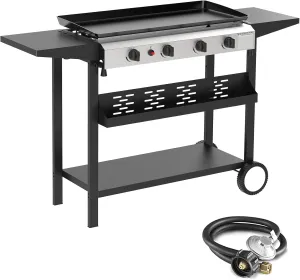 4 Burner Flat Top Grill, 30 Inch Stainless Steel Tabletop Portable Propane Griddle, 40,000 BTU BBQ Gas Griddle Flat Grill with Side Shelves for Camping