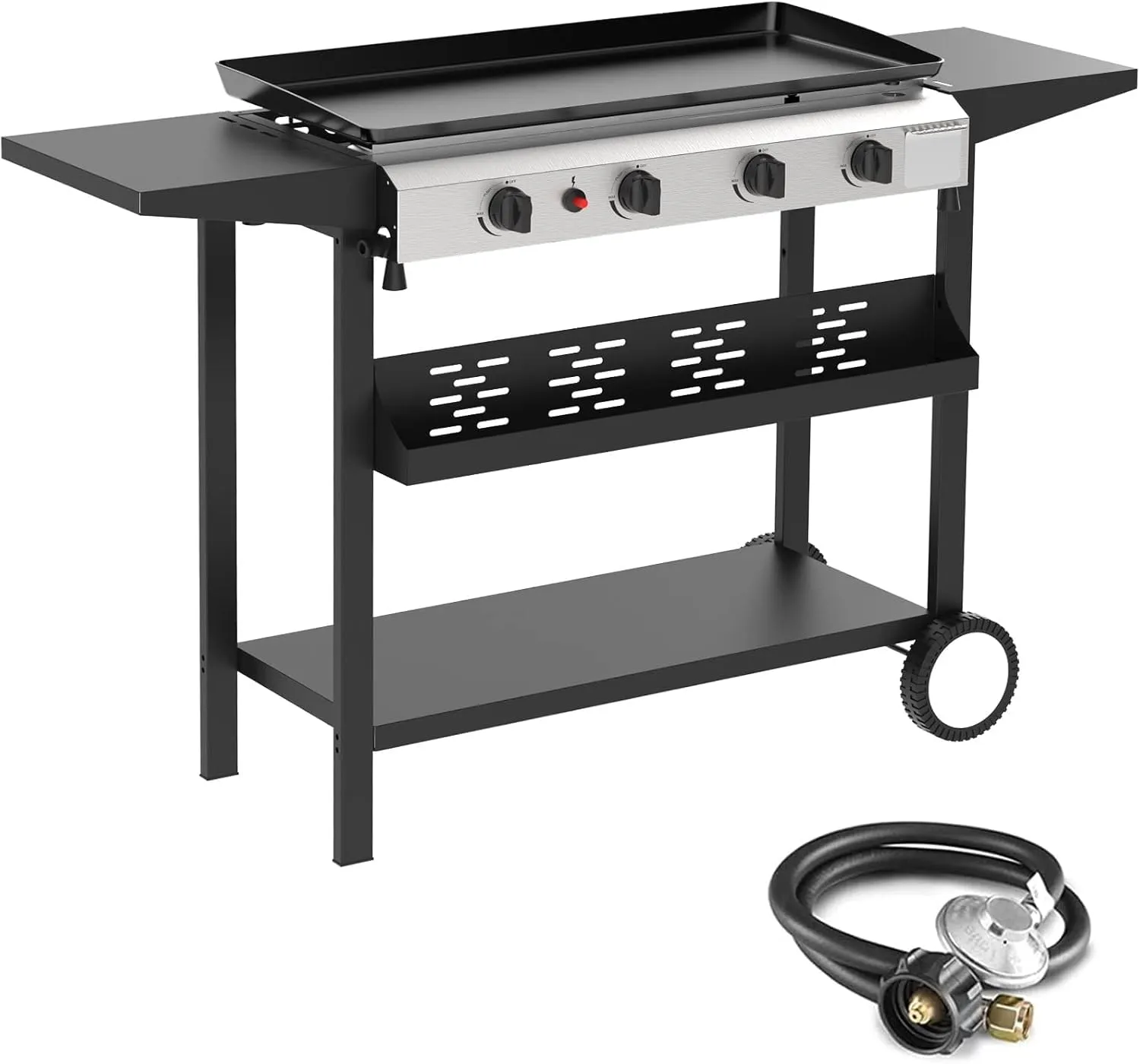 4 Burner Flat Top Grill, 30 Inch Stainless Steel Tabletop Portable Propane Griddle, 40,000 BTU BBQ Gas Griddle Flat Grill with Side Shelves for Camping