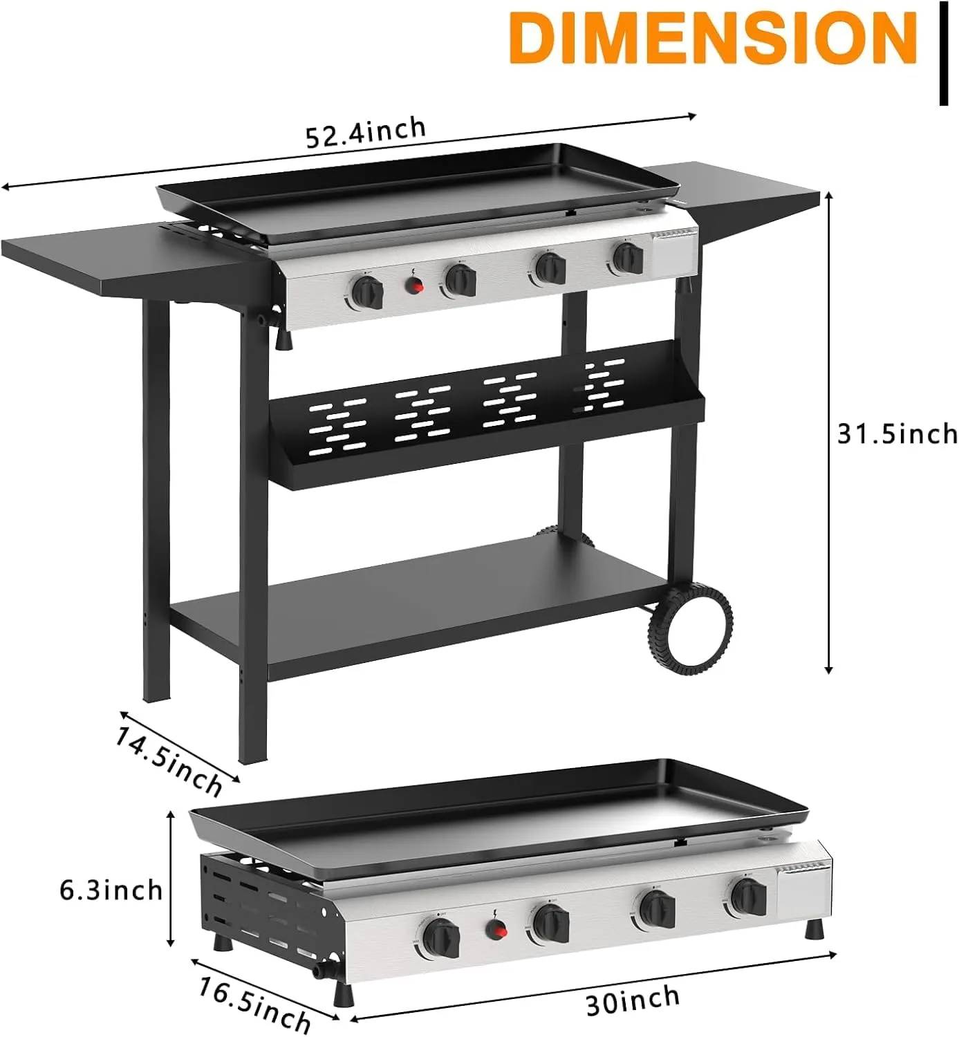 4 Burner Flat Top Grill, 30 Inch Stainless Steel Tabletop Portable Propane Griddle, 40,000 BTU BBQ Gas Griddle Flat Grill with Side Shelves for Camping