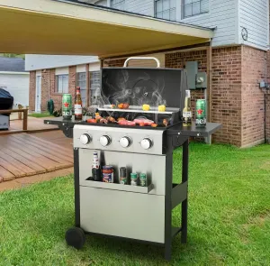 4-Burner Propane Gas BBQ Grill, 34200BTU With Wire Enamel Cooking Grids, Foldable Side Table, Hanging Basket, Stainless Steel Barbecue Grills for Outdoor Cooking Kitchen and Patio Backyard (Silver)