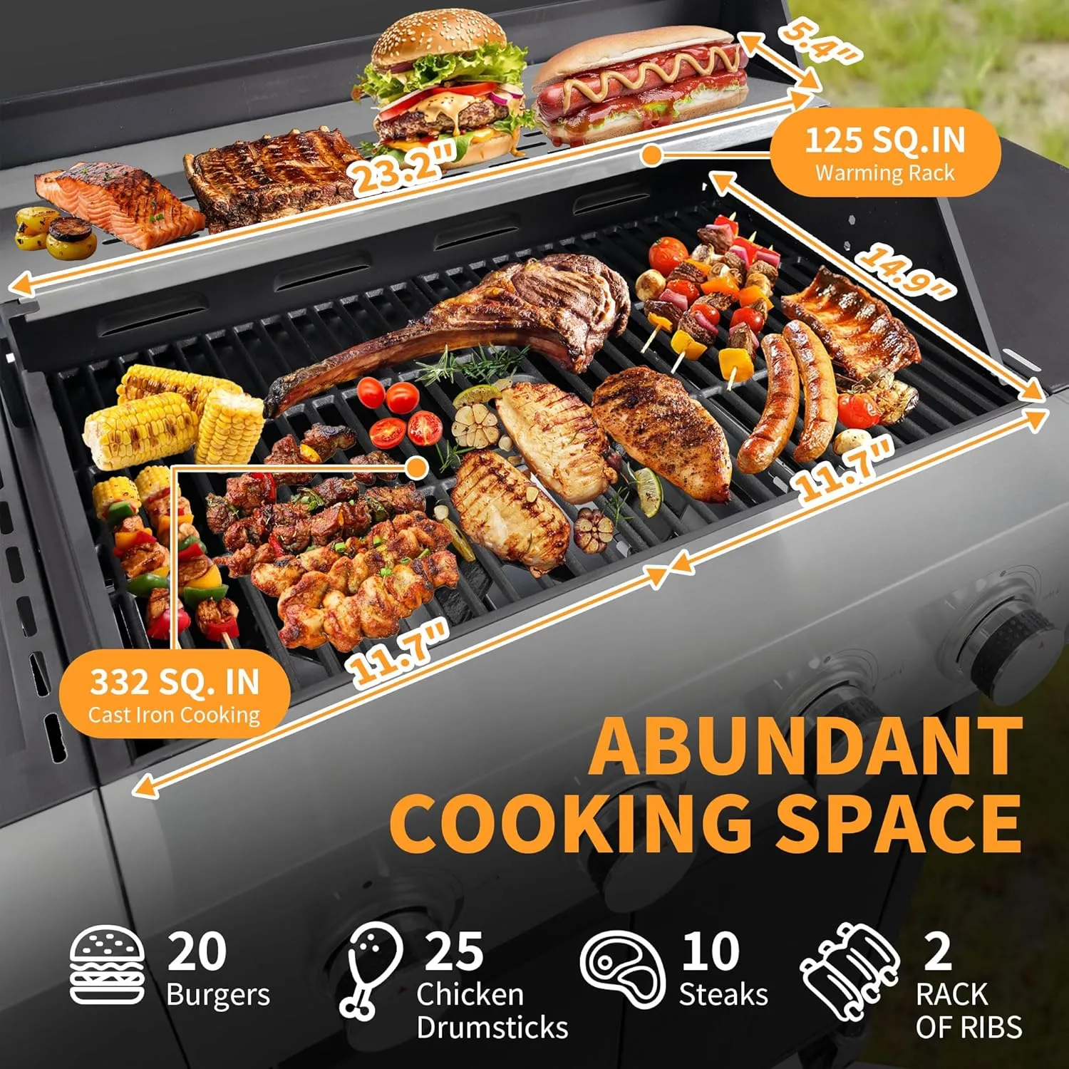 4-Burner Propane Gas BBQ Grill with Side Burner & Warming Rack, Stainless Steel Gas Grill with 46,500 BTUs Output for Outdoor,Camping,Barbecue Grilling & Backyard Cooking,Black and Silver