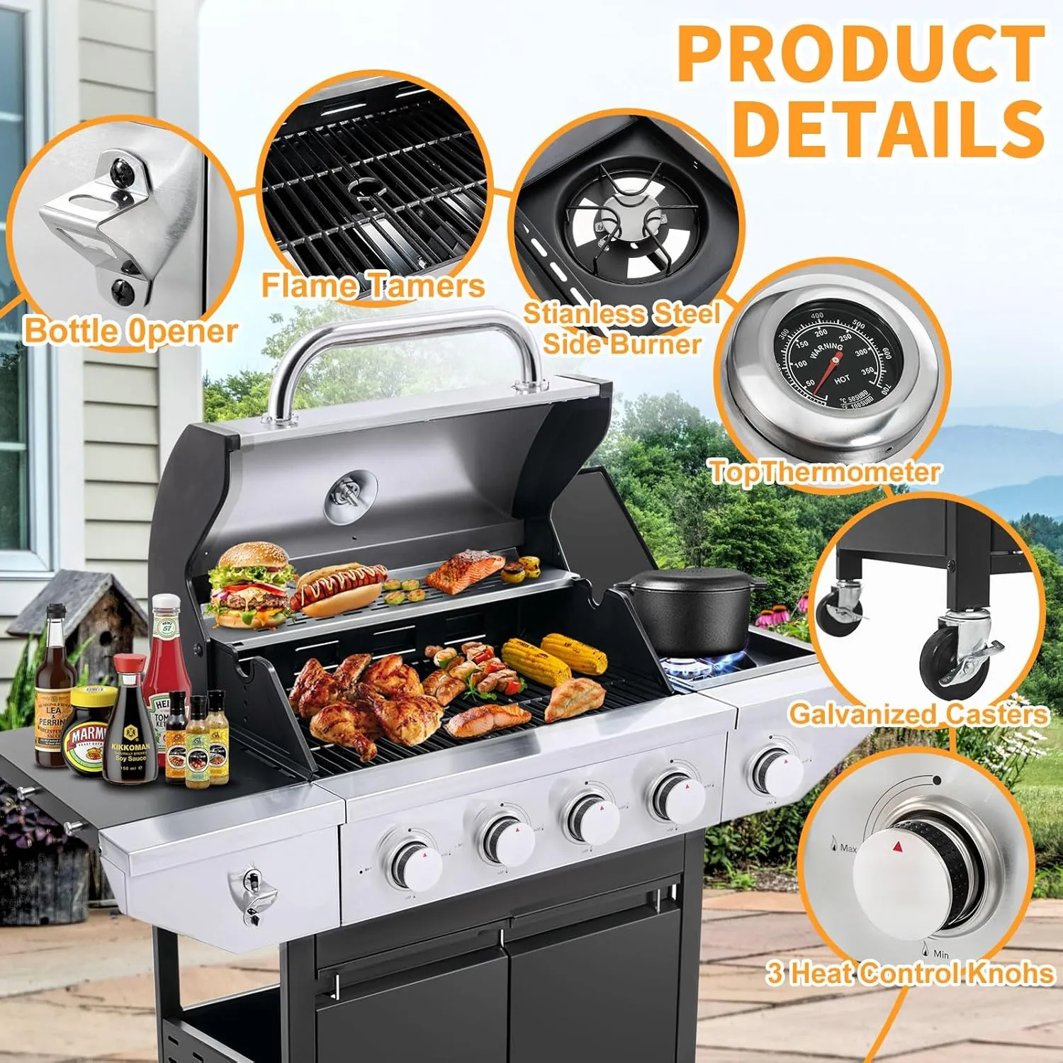 4-Burner Propane Gas BBQ Grill with Side Burner & Warming Rack, Stainless Steel Gas Grill with 46,500 BTUs Output for Outdoor,Camping,Barbecue Grilling & Backyard Cooking,Black and Silver