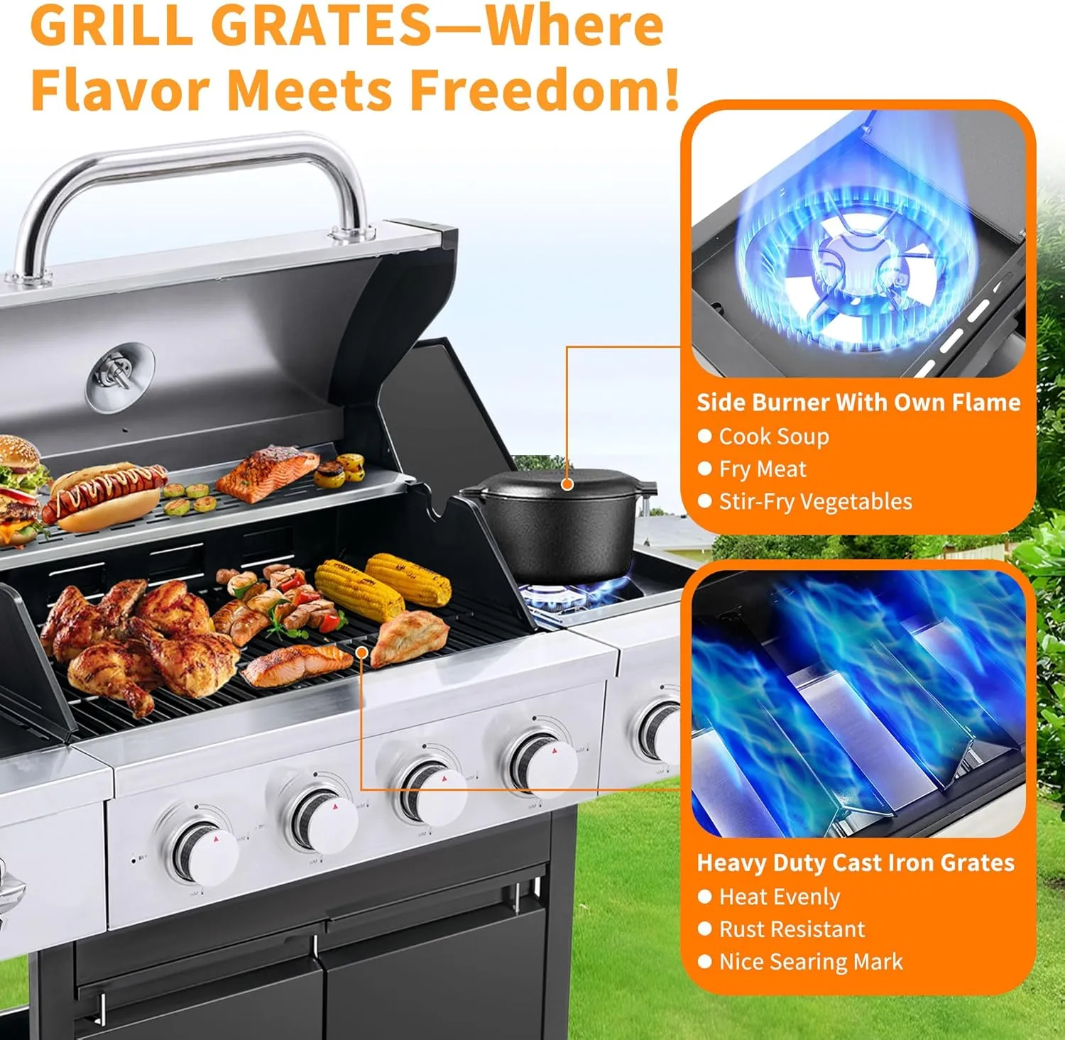 4-Burner Propane Gas BBQ Grill with Side Burner & Warming Rack, Stainless Steel Gas Grill with 46,500 BTUs Output for Outdoor,Camping,Barbecue Grilling & Backyard Cooking,Black and Silver
