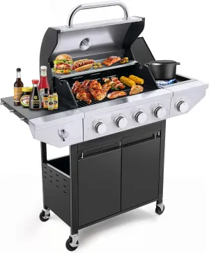 4-Burner Propane Gas BBQ Grill with Side Burner & Warming Rack, Stainless Steel Gas Grill with 46,500 BTUs Output for Outdoor,Camping,Barbecue Grilling & Backyard Cooking,Black and Silver