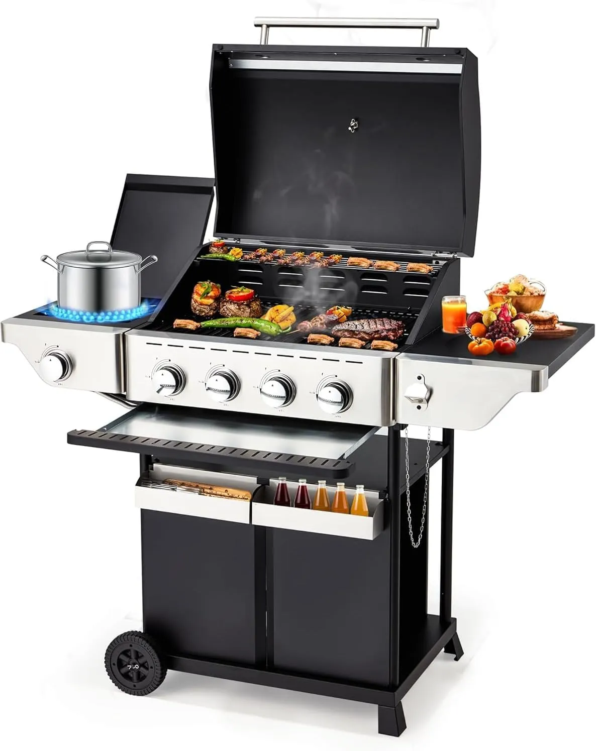 4-Burner Propane Gas Grill with Side Burner, Stainless Steel Spice Rack 542 Sq.In BBQ, 45,000 BTU Portable Propane Grill Output for Outdoor Cooking Kitchen, Garden Barbecue Backyard Patio
