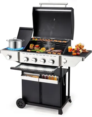4-Burner Propane Gas Grill with Side Burner, Stainless Steel Spice Rack 542 Sq.In BBQ, 45,000 BTU Portable Propane Grill Output for Outdoor Cooking Kitchen, Garden Barbecue Backyard Patio