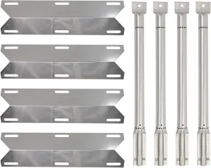4-Pack BBQ Gas Grill Tube Burner & Heat Shield Plate Tent Replacement Parts for Charmglow 720-0536 - Compatible Barbeque Stainless Steel Pipe Burners & Flame Tamer, Guard, Deflector, Flavorizer Bar