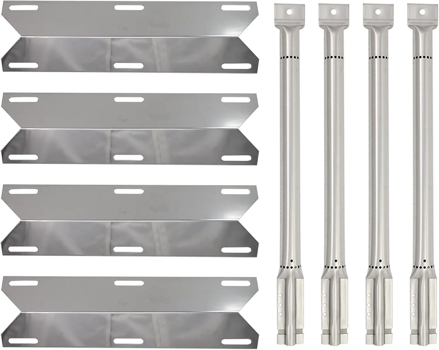 4-Pack BBQ Gas Grill Tube Burner & Heat Shield Plate Tent Replacement Parts for Charmglow 720-0536 - Compatible Barbeque Stainless Steel Pipe Burners & Flame Tamer, Guard, Deflector, Flavorizer Bar