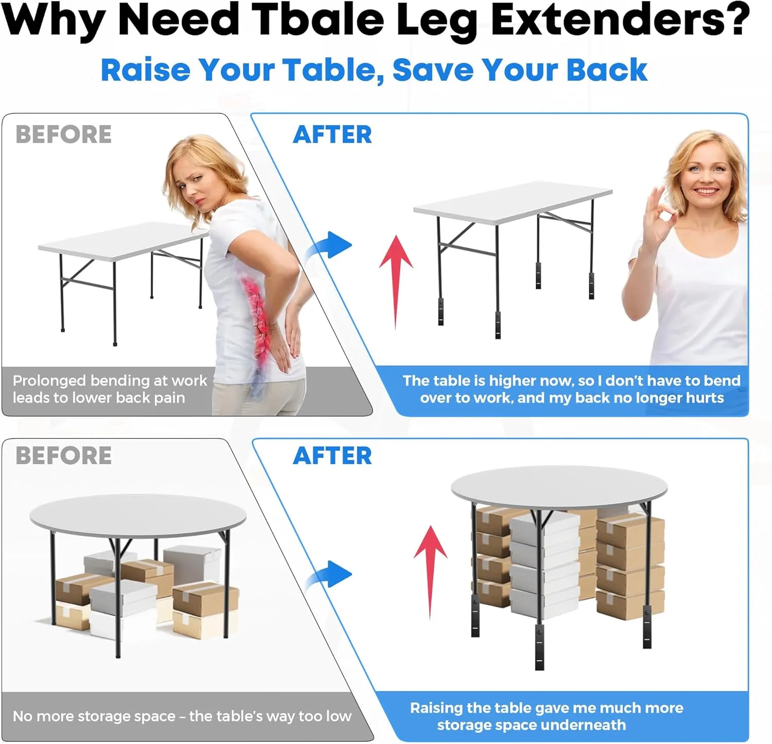 4 Pack Folding Table Leg Extenders, Highly Durable Steel Folding Table Leg Risers, Folding Desk Leg Extensions for Straight｜Bent Legs,3 Levels Adjustable Height Tables Extenders Rise 2.3in｜4.3in｜6.3in