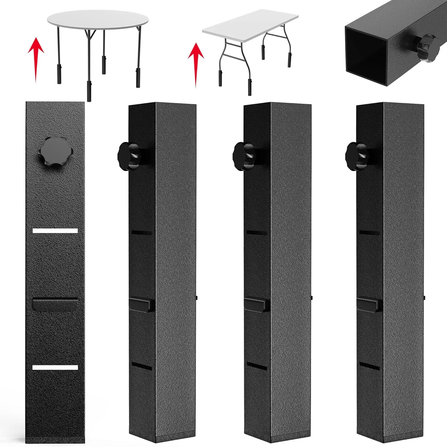 4 Pack Folding Table Leg Extenders, Highly Durable Steel Folding Table Leg Risers, Folding Desk Leg Extensions for Straight｜Bent Legs,3 Levels Adjustable Height Tables Extenders Rise 2.3in｜4.3in｜6.3in