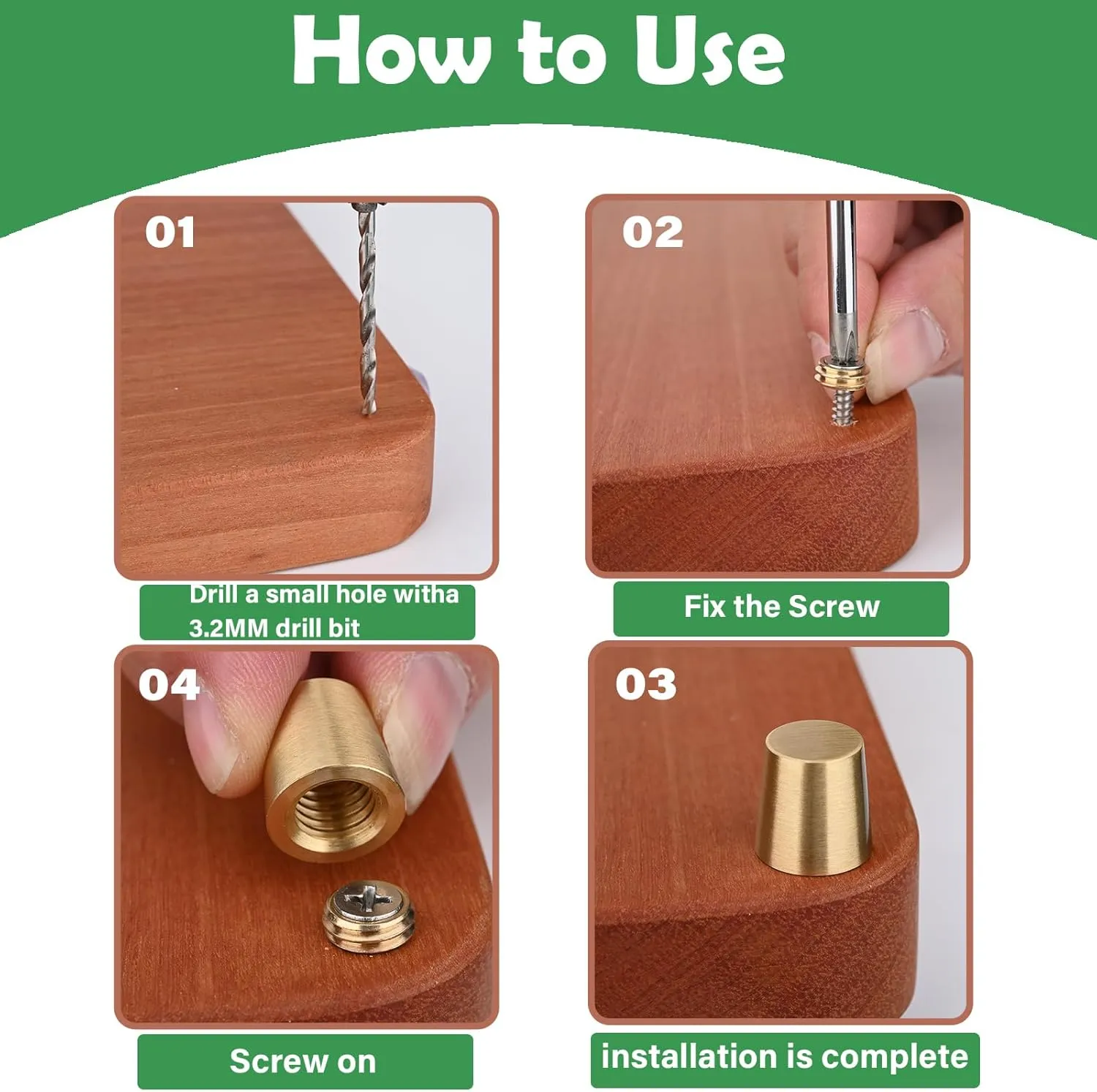 4 PCS Brass Cutting Board Feet with Silicone Anti-Slip Pads, Stainless Steel Screws and Brass Self-Tapping Screws for Cutting Boards, Cabinets, Sofas and Chairs and Other Furniture （Cone-Shaped）