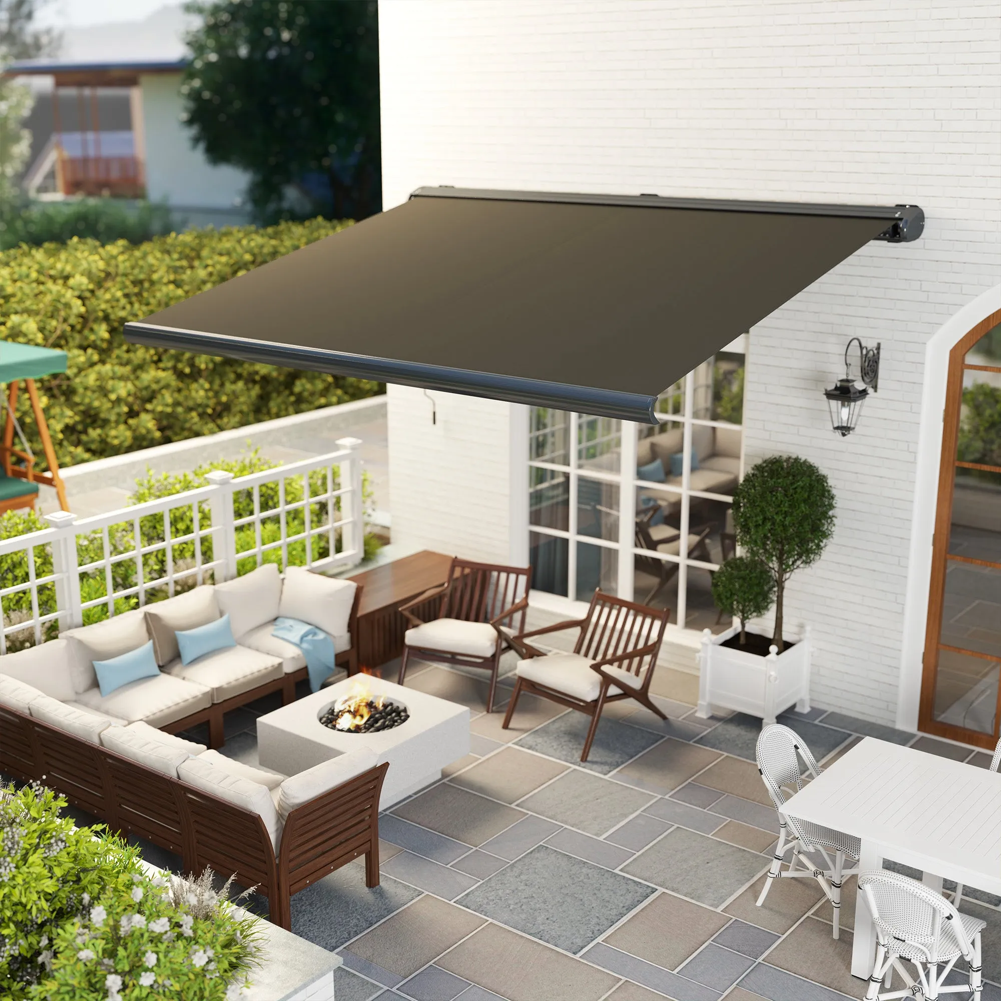 4 x 3(m) Full Cassette Electric Awning with Remote Controller, Aluminium Frame DIY Retractable Garden Awning, UPF50  Sun Shade Canopy for Deck Door Window, Dark Grey