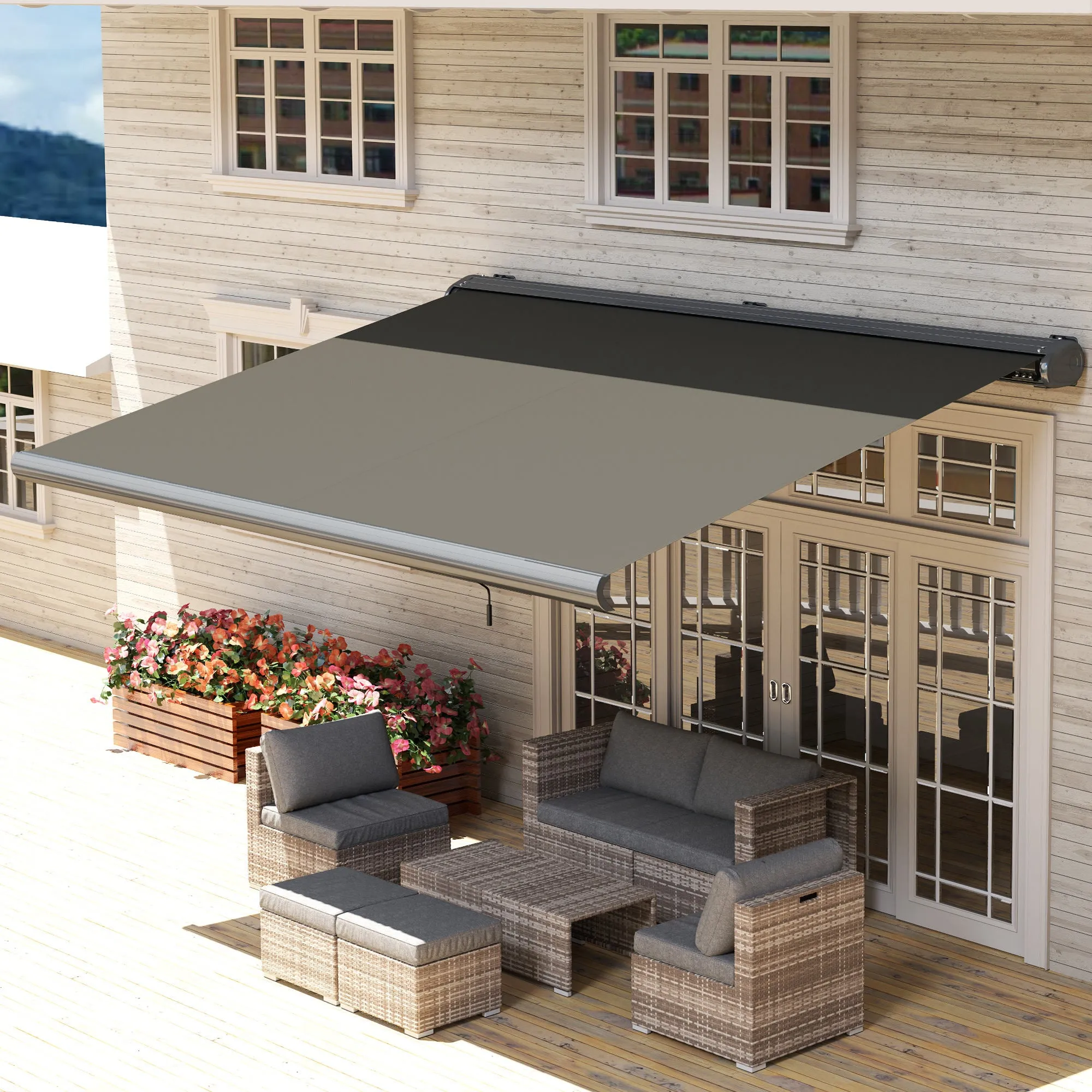 4 x 3(m) Full Cassette Electric Awning with Remote Controller, Aluminium Frame DIY Retractable Garden Awning, UPF50  Sun Shade Canopy for Deck Door Window, Dark Grey