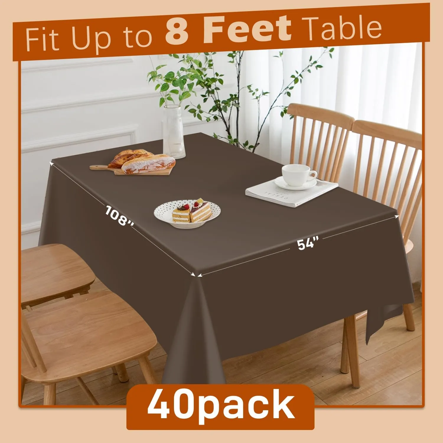 40 Pack Brown Plastic Tablecloth Disposable Tablecloths 54"x 108" Rectangle Plastic Table Cover Disposable Table Cloth for Party